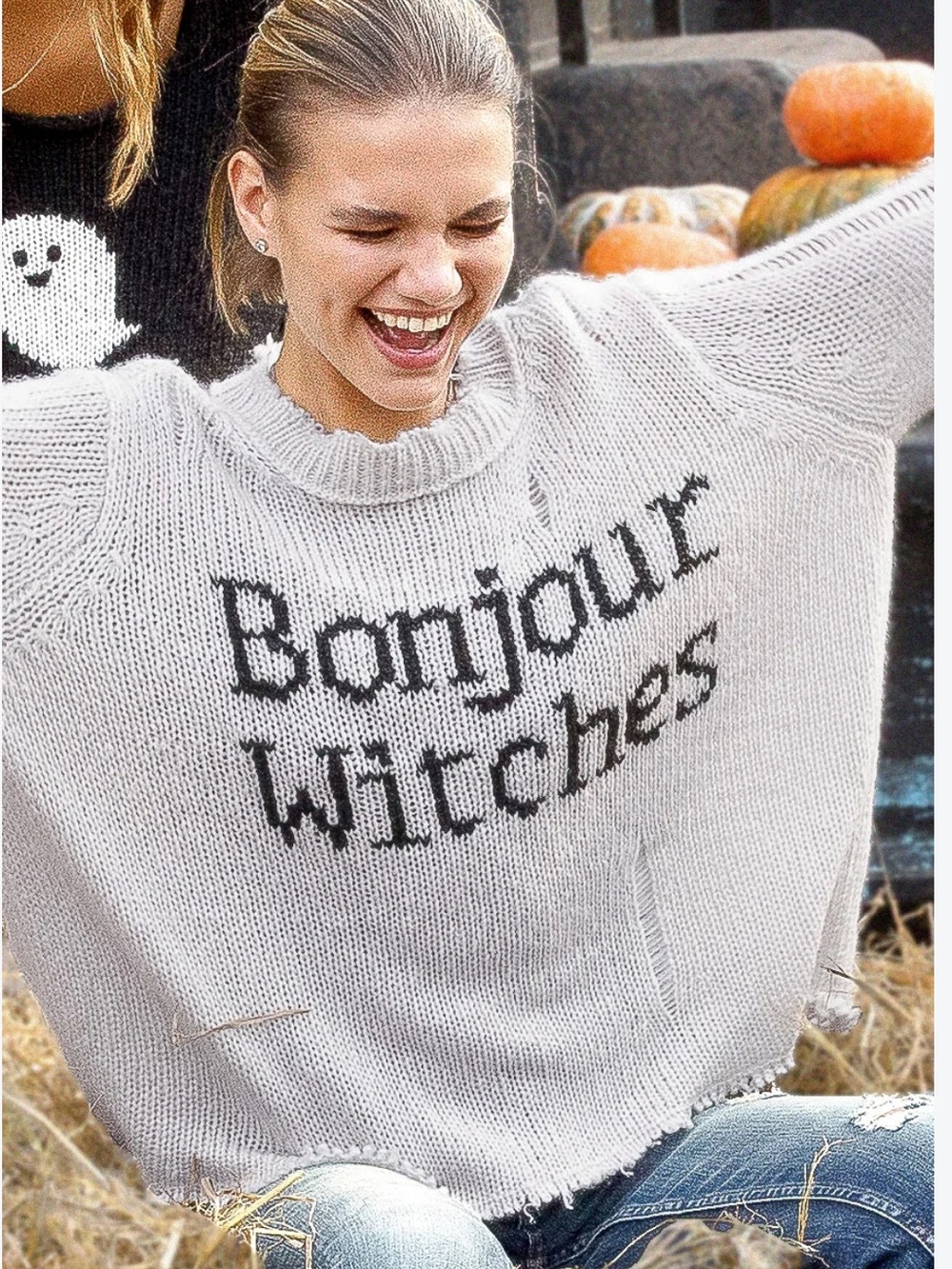 Wooden Ships Cream Knit 'Bonjour Witches' Distressed Crewneck Sweater XS